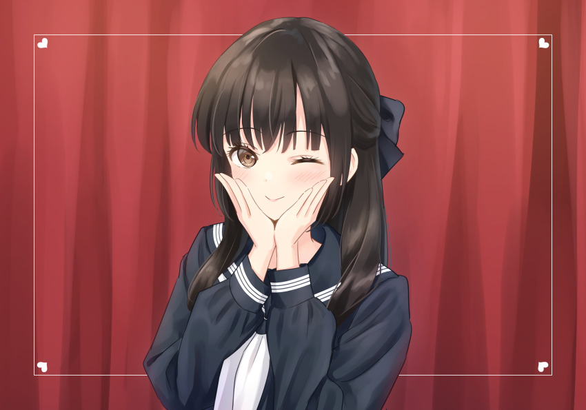 1girl ;) black_bow black_hair black_sailor_collar black_serafuku blush bow closed_mouth commentary curtains hair_bow half_updo hanazora_satsuki hands_on_own_cheeks hands_on_own_face highres kan_kanna looking_at_viewer neckerchief one_eye_closed real_life sailor_collar school_uniform serafuku smile solo split_mouth stage_curtains upper_body voice_actor white_neckerchief