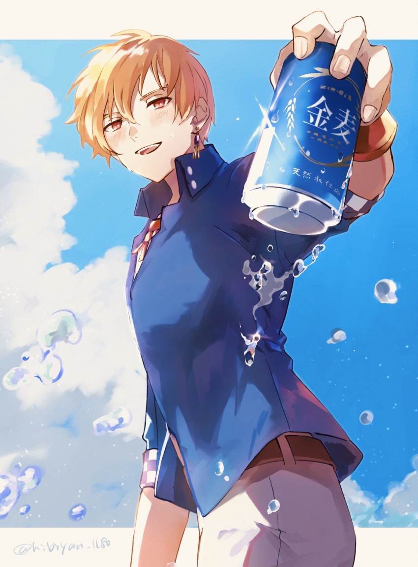 1boy :d belt blonde_hair blue_shirt blush bracelet brown_belt can cloud commentary_request earrings fate/grand_order fate_(series) gilgamesh gilgamesh_(caster)_(fate) gilgamesh_(establishment)_(fate) gilgamesh_(fate) gold_bracelet gold_earrings gold_necklace hibiyan_1180 highres holding holding_can jewelry looking_at_viewer male_focus necklace official_alternate_costume open_mouth pants red_eyes shirt short_hair sky smile solo sunlight teeth twitter_username upper_body upper_teeth_only water white_pants