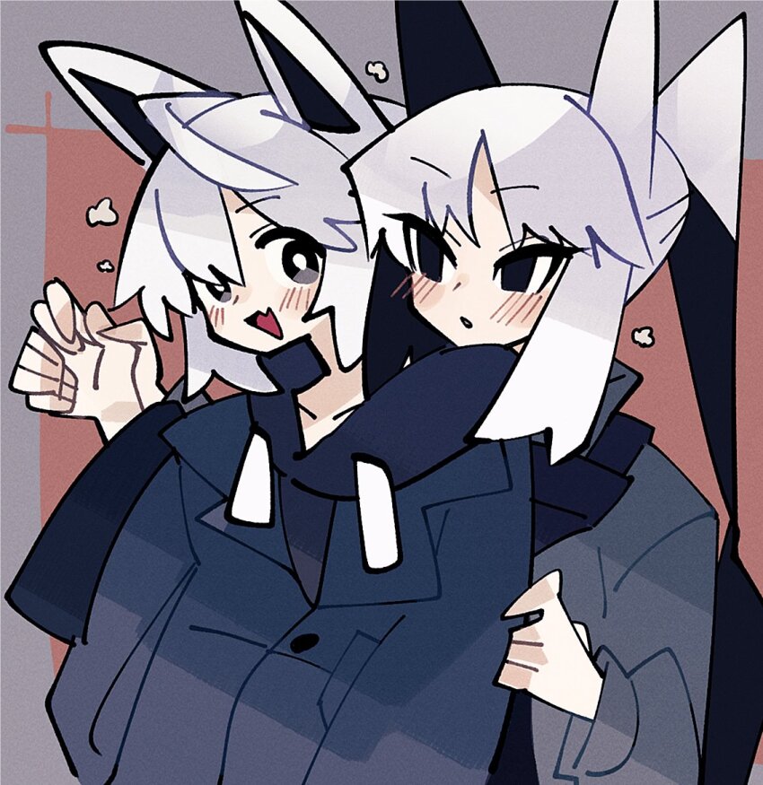 2girls :d :o adpx ahoge animal_ears black_hair blush brown_background coat fang fox_ears front-to-back heuheu-chan holding_hands hood hoodie looking_at_another multiple_girls open_mouth original parted_bangs ponytail short_hair sidelocks simple_background siusiu-chan skin_fang smile trench_coat upper_body white_hair winter_clothes yuri