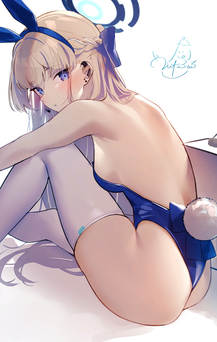 1girl absurdres animal_ears blonde_hair blue_archive blue_eyes blue_leotard breasts commentary fake_animal_ears from_behind halo highres leotard long_hair looking_at_viewer medium_breasts official_alternate_costume playboy_bunny rabbit_ears sideboob sitting solo thighhighs thighs toki_(blue_archive) toki_(bunny)_(blue_archive) vegetablenabe white_thighhighs