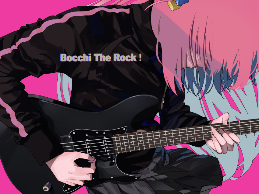 1girl absurdres black_jacket bocchi_the_rock! copyright_name cowboy_shot cube_hair_ornament electric_guitar gotoh_hitori guitar hair_ornament highres holding holding_instrument holding_plectrum instrument jacket leaning_forward limited_palette long_hair long_sleeves music oshiri_seijin pink_background pink_hair playing_instrument plectrum simple_background solo track_jacket yamaha_pacifica