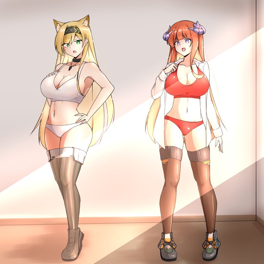 2girls :d absurdres animal_ears arknights arm_at_side bagpipe_(arknights) bikini black_hairband blonde_hair blunt_bangs breast_suppress breasts bright_pupils brown_thighhighs cleavage collarbone commentary commentary_request commission curled_horns english_commentary full_body green_eyes grey_thighhighs groin hairband hand_on_own_hip hand_up highres horn_(arknights) horns indoors large_breasts linea_alba long_hair long_sleeves looking_at_another mixed-language_commentary multiple_girls navel open_clothes open_mouth open_shirt orange_hair purple_eyes purple_horns red_bikini shirt skeb_commission smile standing sunlight swimsuit thighhighs white_bikini white_pupils white_shirt xibu_cai