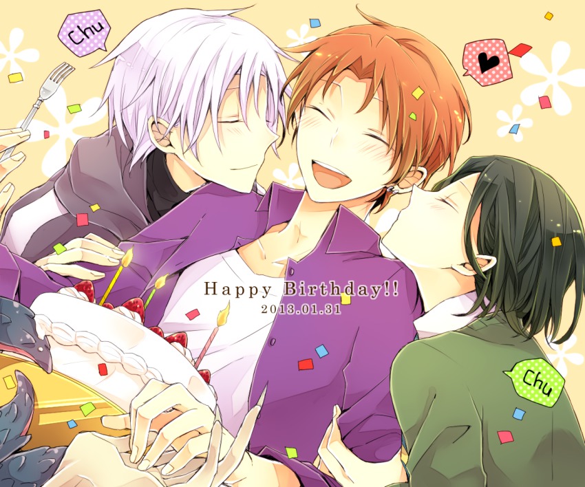 3boys ^_^ birthday_cake black_hair blush cake dutch_angle closed_eyes fate/zero fate_(series) food happy_birthday heart iyu_(panna) male_focus matou_kariya multiple_boys orange_hair spoken_heart tentacles uryuu_ryuunosuke waver_velvet white_hair