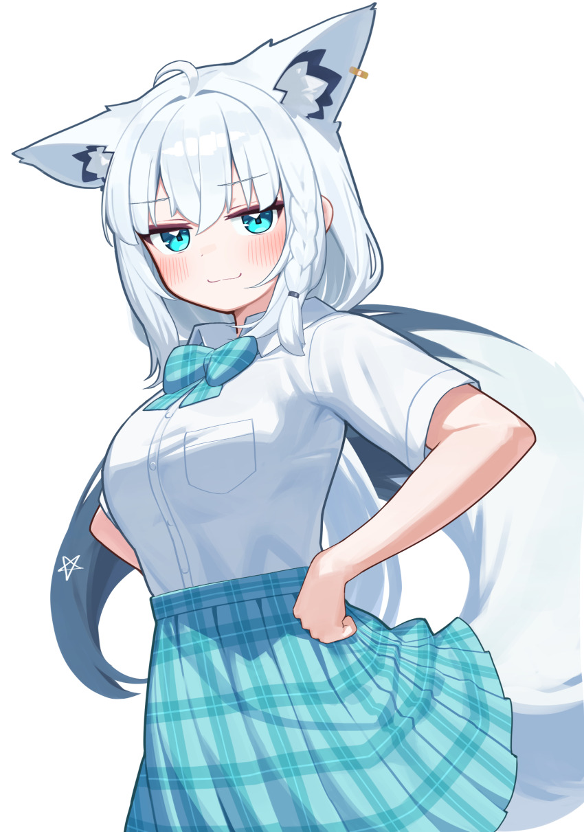 1girl :3 absurdres ahoge animal_ear_fluff animal_ear_piercing animal_ears aqua_eyes blue_bow blue_bowtie blue_skirt bow bowtie braid closed_mouth collared_shirt commentary_request deaver double-parted_bangs extra_ears fox_ears fox_girl fox_tail hair_between_eyes hands_on_own_hips highres hololive long_hair looking_at_viewer plaid_clothes plaid_skirt pleated_skirt school_uniform shirakami_fubuki shirt shirt_tucked_in short_sleeves side_braid sidelocks simple_background single_braid skirt solo tail virtual_youtuber white_hair white_shirt