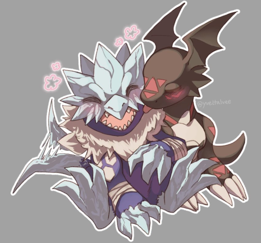 blackguilmon blucomon blush claws couple digimon digital_hazard highres sharp_teeth tail teeth