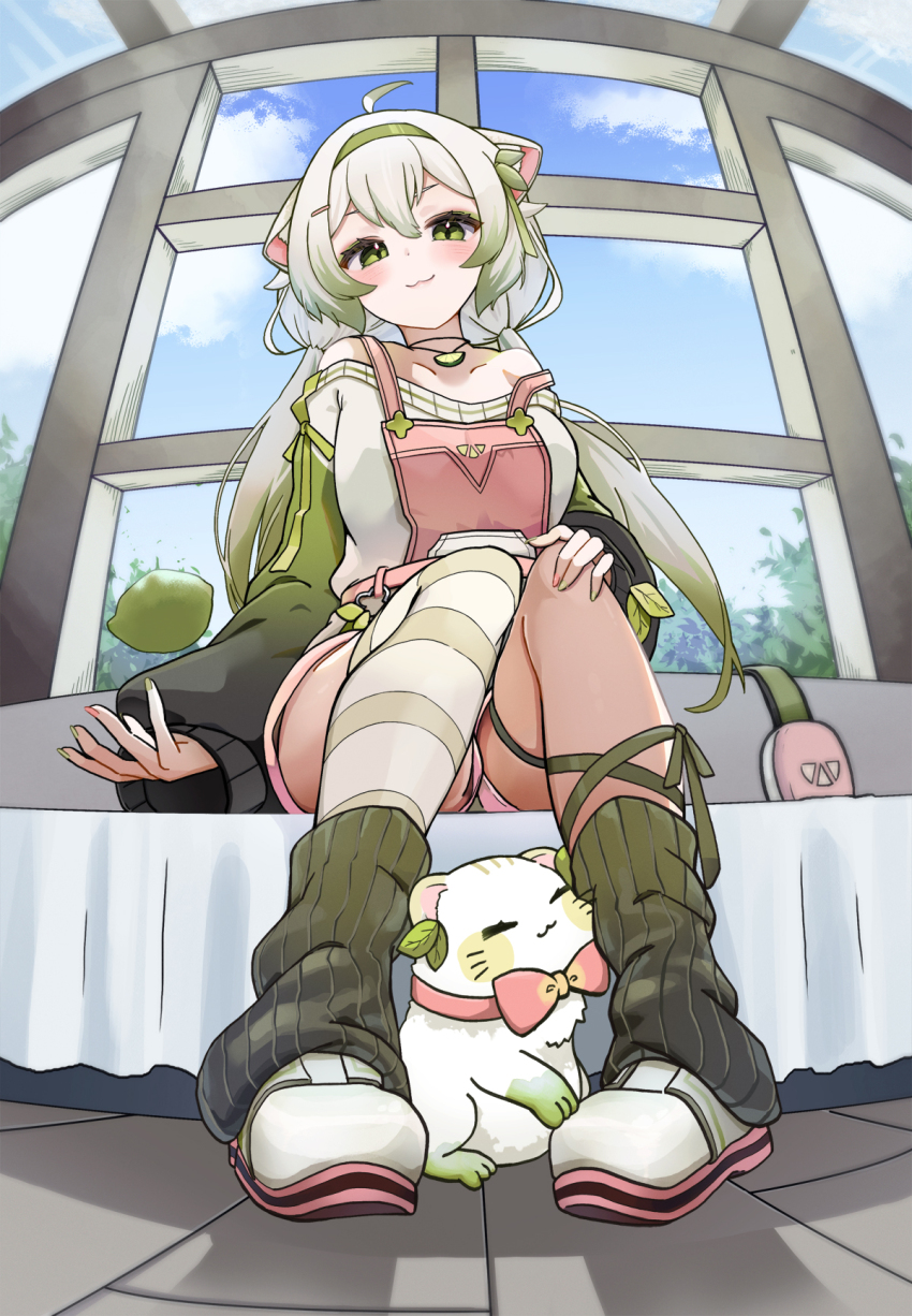 1boy 1girl :3 ahoge animal animal_ears asymmetrical_legwear bare_shoulders bed blue_sky bow bowtie cloud ferret ferret_ears ferret_girl food fruit gradient_hair green_hair hairband head_tilt highres indie_virtual_youtuber jewelry laimu_(vtuber) leaf lime_(fruit) lime_necklace lime_slice long_hair multicolored_hair necklace on_bed overalls pink_overalls ribbon shia_makino sitting sky smile socks sweater thighhighs thighs tree twintails two-tone_hair uwu vinesauce virtual_youtuber white_hair window