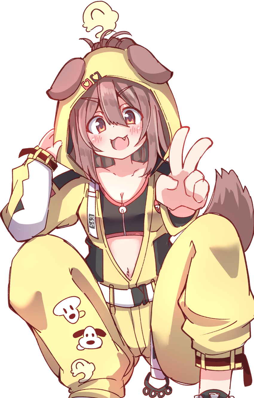 1girl :d absurdres animal_ears blush brass_knuckles breasts brown_hair cleavage collarbone commentary_request dog_ears dog_girl dog_tail ears_through_headwear fang feet_out_of_frame futo-inu hair_between_eyes hands_up highres hololive hood hood_up hooded_jumpsuit hoso-inu inugami_korone inugami_korone_(8th_costume) jumpsuit listener_(inugami_korone) looking_at_viewer medium_breasts navel open_mouth red_eyes simple_background smile solo squatting tail umberblack v v-shaped_eyebrows virtual_youtuber weapon white_background yellow_jumpsuit