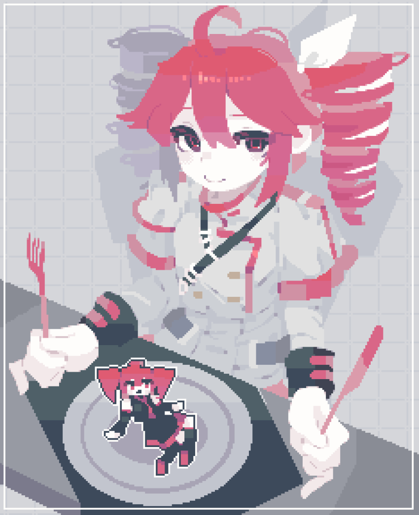 4qw5 ahoge bow buttons drill_hair fork grey_jacket hair_between_eyes hair_bow hair_ribbon highres holding holding_fork holding_knife holding_plate jacket kasane_teto kasane_teto_(sv) kitchen_knife knife long_sleeves looking_at_viewer open_mouth plate red_eyes red_hair ribbon shoulder_belt simple_background skirt smile synthesizer_v table twin_drills white_bow white_ribbon