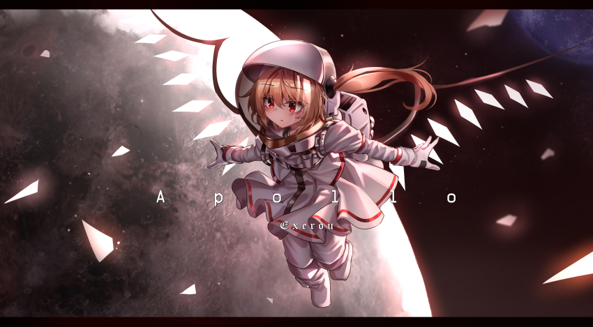 1girl absurdres alternate_costume artist_name astronaut black_border blonde_hair boots border commentary crystal english_commentary flandre_scarlet floating gloves helmet highres letterboxed moon outstretched_arms pants red_eyes side_ponytail skirt solo space space_helmet spacesuit spread_arms title top-exerou touhou white_boots white_gloves white_pants white_skirt wings