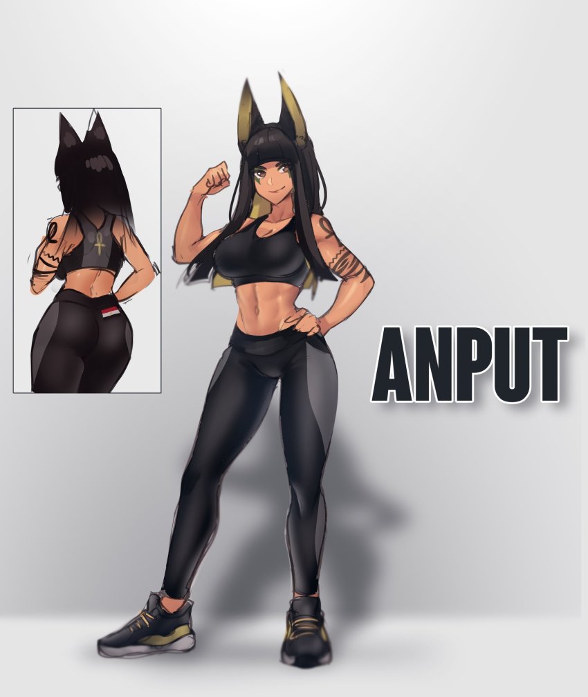 1girl abs animal_ears anput_(nsfwolf) arm_tattoo arm_up ass black_hair blonde_hair blunt_bangs blunt_ends breasts brown_eyes character_name cleavage collarbone dark-skinned_female dark_skin egyptian_flag flexing grey_background hand_on_own_hip highres hime_cut jackal_ears looking_at_viewer medium_hair multiple_views nsfwolf original pants shoulder_tattoo simple_background smile sports_bra standing tattoo yoga_pants