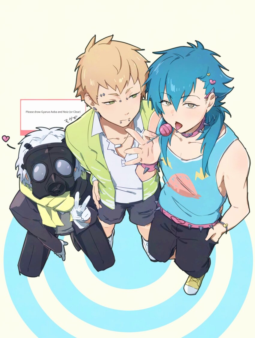 3boys arm_up bare_shoulders belt black_jacket black_pants black_shorts blonde_hair blue_hair blue_tank_top bridge_piercing candy clear_(dramatical_murder) collarbone collared_shirt dramatical_murder eyebrow_piercing food gas_mask gloves green_shirt gyaruo hand_in_pocket heart highres holding holding_candy holding_food holding_lollipop jacket kneeling labret_piercing layered_clothes lollipop long_hair long_sleeves looking_at_another male_focus mask mokado375 multiple_boys noiz_(dramatical_murder) open_clothes open_mouth open_shirt pants piercing red_belt request_inset scarf seragaki_aoba shirt shoes short_hair shorts sneakers standing tank_top v white_gloves white_hair white_shirt wing_collar yellow_eyes yellow_footwear yellow_scarf