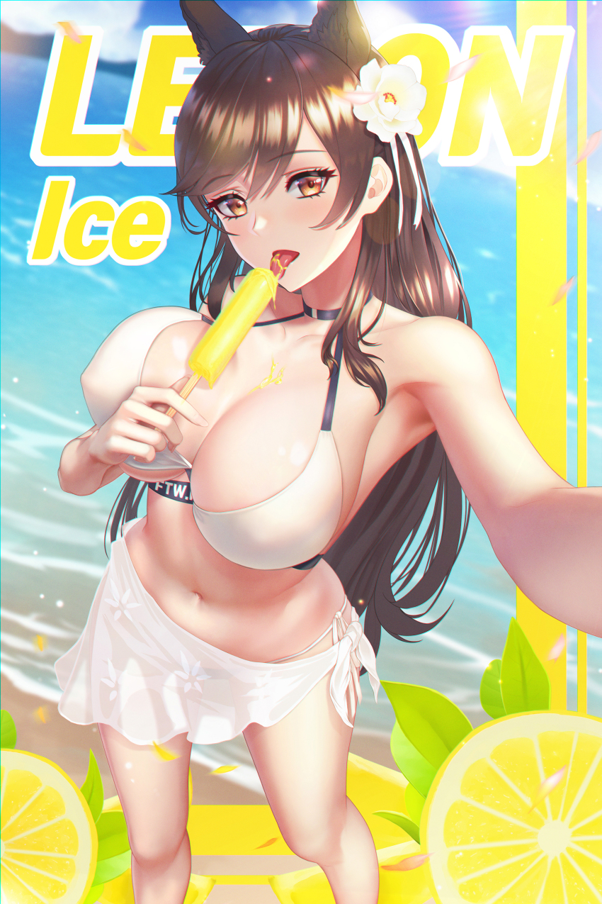 1girl absurdres animal_ears armpits atago_(azur_lane) azur_lane bare_shoulders beach bikini black_hair blush breasts brown_eyes cleavage collarbone covered_erect_nipples english_text extra_ears fintowing food fruit highres large_breasts lemon long_hair looking_at_viewer navel ocean popsicle ribbon sand selfie solo swept_bangs swimsuit water