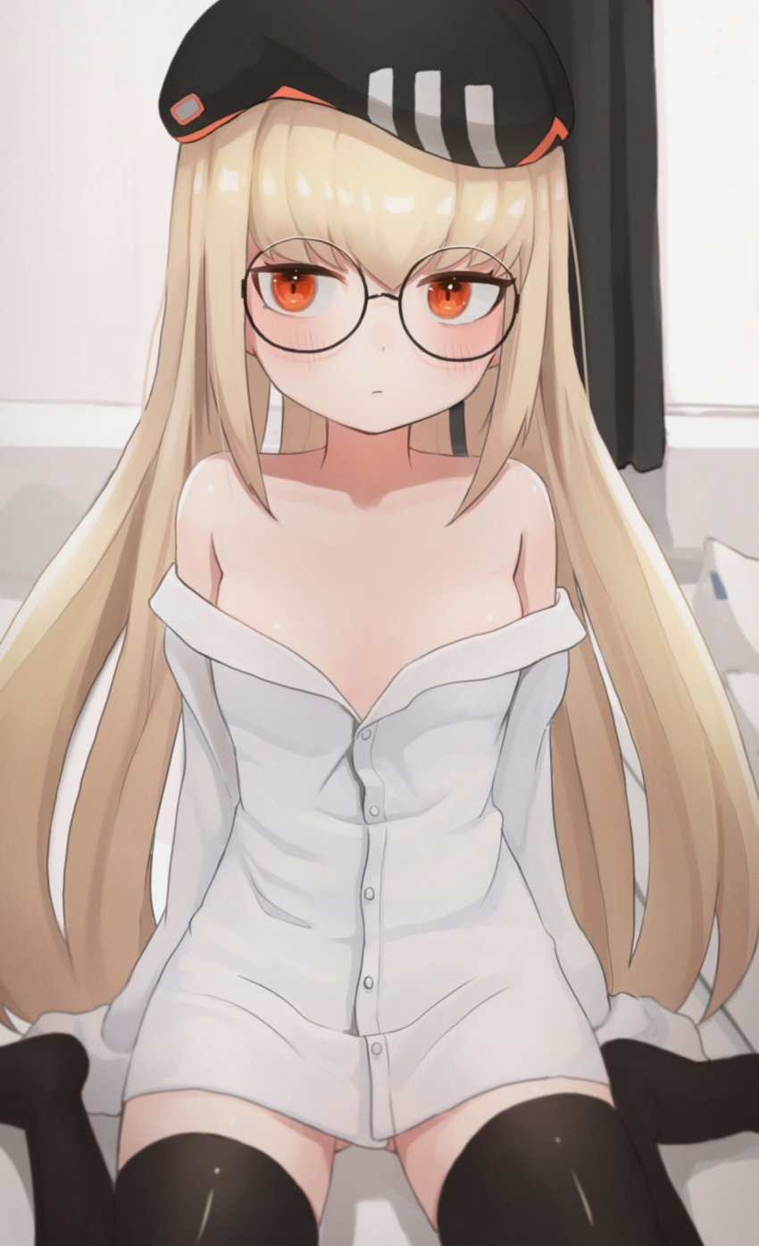 1girl auuufox bare_shoulders beret black_hat black_thighhighs blonde_hair blush breasts commission girls&#039;_frontline glasses hair_between_eyes hat highres indoors long_hair long_sleeves no_pants off_shoulder red_eyes round_eyewear shirt sitting small_breasts solo thighhighs type_80_(girls&#039;_frontline) wariza white_shirt