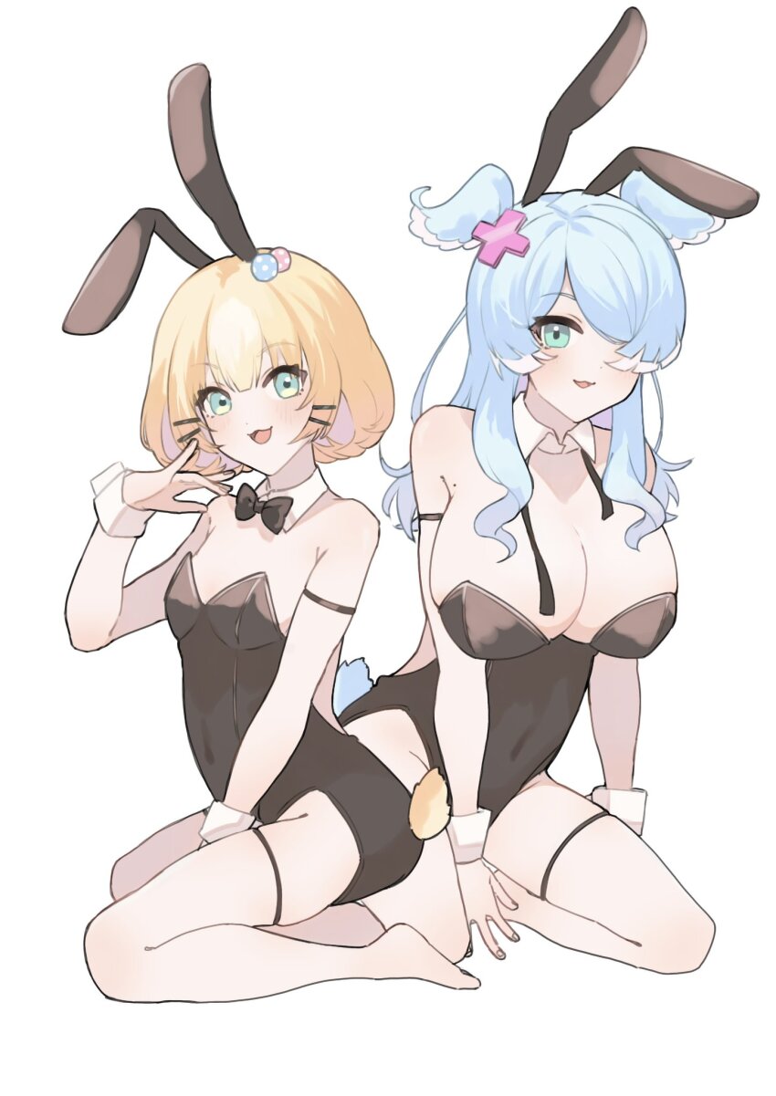 2girls :3 animal_ears aqua_eyes arm_between_legs arm_strap armpit_crease black_bow black_bowtie blonde_hair blue_hair bow bowtie breasts cleavage covered_navel detached_collar edage_18 elira_pendora fake_animal_ears fake_tail hair_over_one_eye head_wings highres kneeling large_breasts leotard long_hair looking_at_viewer loose_necktie medium_hair millie_parfait mole mole_on_armpit multiple_girls necktie nijisanji nijisanji_en open_mouth playboy_bunny rabbit_ears rabbit_tail simple_background small_breasts tail thigh_strap virtual_youtuber white_background wings wrist_cuffs