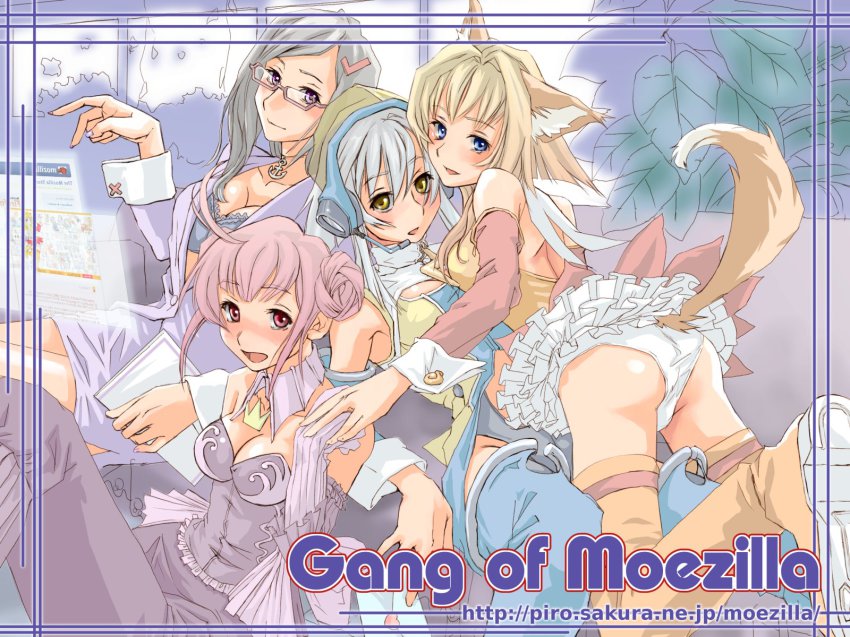 4girls ahoge animal_ears ass blazer blonde_hair blue_eyes blush boots bra breasts cleavage detached_sleeves double_bun dress fox_ears fox_tail frills gang_of_moezilla gathers glasses hair_bun hair_ornament hairclip headset highres jacket jewelry leotard lingerie long_hair looking_back miniskirt moe_(phrase) mozilla_(character) mozilla_firefox mozilla_thunderbird multiple_girls nvu os-tan panties pendant pink_eyes pink_hair piro_(artist) purple_dress purple_eyes seamonkey shirt silver_hair skirt sleeveless tail thigh_boots thighhighs underwear white_panties yellow_eyes yuri