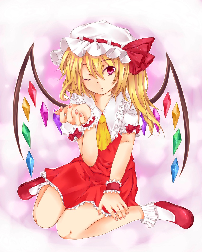 1girl absurdres asymmetrical_hair blonde_hair blowing_kiss bobby_socks bow crystal female_focus fingernails flandre_scarlet hair_bow hand_on_leg hat highres jun2onod kneeling mob_cap puffy_short_sleeves puffy_sleeves red_eyes red_shoes red_skirt shoes short_hair short_sleeves side_ponytail skirt socks solo touhou wince wings wrist_cuffs