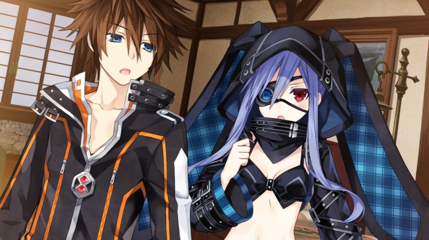 1boy 1girl animal_ears blue_eyes blue_hair blush brown_hair effole_(fairy_fencer_f) ethel_(fairy_fencer_f) eyepatch fairy_fencer_f fang_(fairy_fencer_f) game_cg hood hoodie long_hair official_art open_mouth red_eyes tsunako