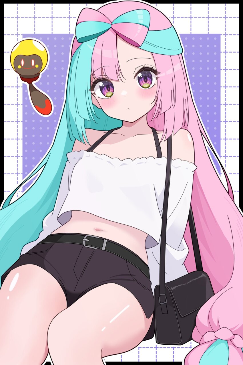 1girl alternate_costume bare_shoulders belt black_belt black_shorts blue_hair blush bow-shaped_hair collarbone creatures_(company) crop_top game_freak highres iono_(pokemon) long_hair long_sleeves low-tied_long_hair midriff multicolored_hair navel nintendo odorukaminoke off-shoulder_shirt off_shoulder pink_hair pokemon pokemon_(creature) pokemon_sv shirt shorts split-color_hair tadbulb tadpole white_shirt