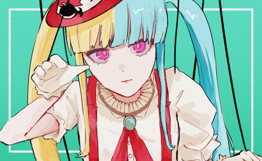 2girls aqua_hair blonde_hair bow closed_mouth dress fake_meme_(vocaloid) gloves hair_between_eyes hat hatsune_miku highres long_hair looking_at_viewer multiple_girls neck_ruff o1lmz pink_eyes puppet_strings red_bow red_hat red_skirt red_suspenders shirt skirt twintails vocaloid