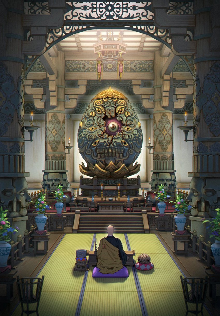 1boy architecture bald black_robe candle column commentary cushion east_asian_architecture egg eyeball flower from_behind highres horror_(theme) indoors kesa kiginobiru_(hayapi) lion_mask looking_at_viewer monk orange_robe original pillar plant potted_plant robe scenery shrine sitting skull tatami teeth vase wide_shot zabuton