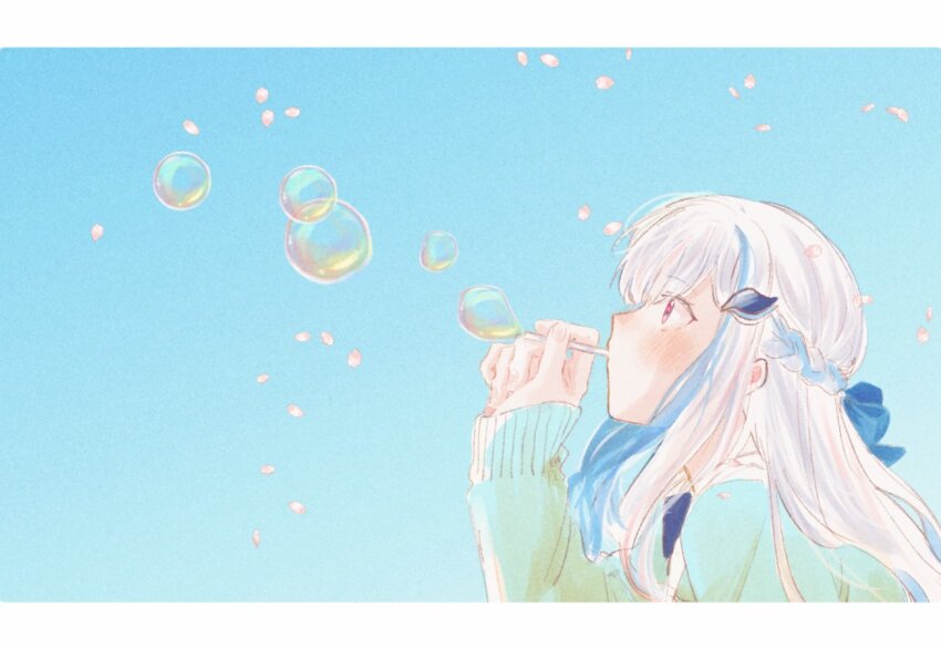 1girl blowing_bubbles blue_background blue_hair blue_ribbon blue_sweater blush bubble_wand commentary falling_petals from_side hair_ornament hair_ribbon hairclip half_up_braid hand_up letterboxed lize_helesta lize_helesta_(4th_costume) long_hair long_sleeves looking_up multicolored_hair nijisanji petals profile red_eyes ribbon ritowani simple_background soap_bubbles solo streaked_hair sweater symbol-only_commentary upper_body virtual_youtuber white_hair