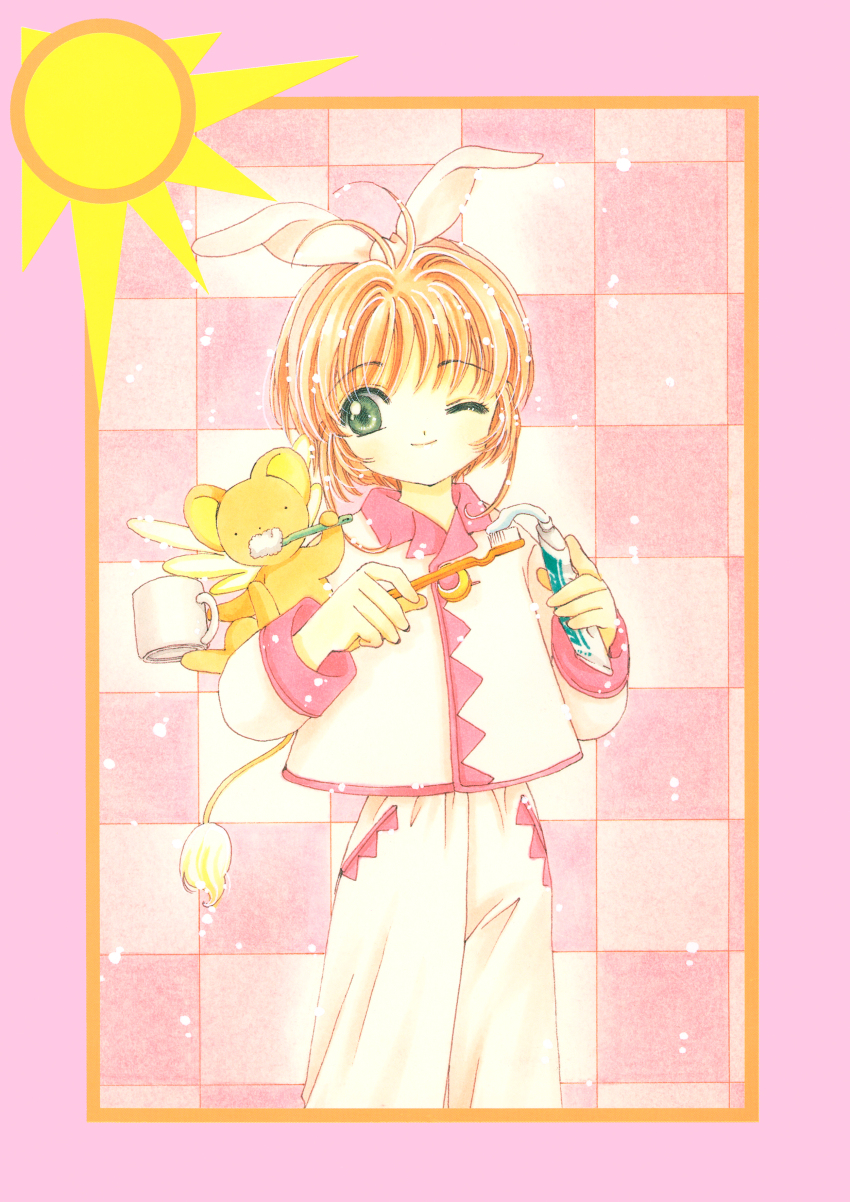 1boy 1girl absurdres brown_hair cardcaptor_sakura child clamp_(circle) colored_skin green_eyes highres holding holding_toothbrush kero_(cardcaptor_sakura) kinomoto_sakura official_art pajamas pink_pajamas short_hair smile sun toothbrush toothbrush_in_mouth yellow_skin