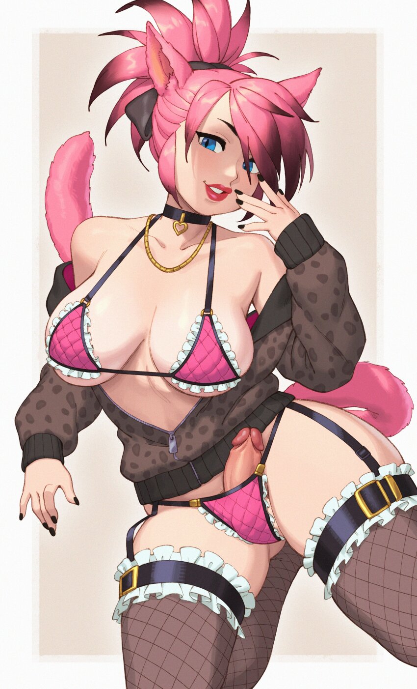 1futa absurdres animal_ears animal_print bare_shoulders black_bow black_choker black_hair black_nails blue_eyes bow bra breasts brown_jacket bulge choker commentary commission english_commentary final_fantasy final_fantasy_xiv fingernails fishnet_thighhighs fishnets futanari garter_straps highres jacket large_breasts leopard_print lips looking_at_viewer miqo&#039;te multicolored_hair nail_polish panties partially_unzipped penis pink_hair pink_tail riz smile solo tail thighhighs underwear warrior_of_light_(ff14) zephyr_winds