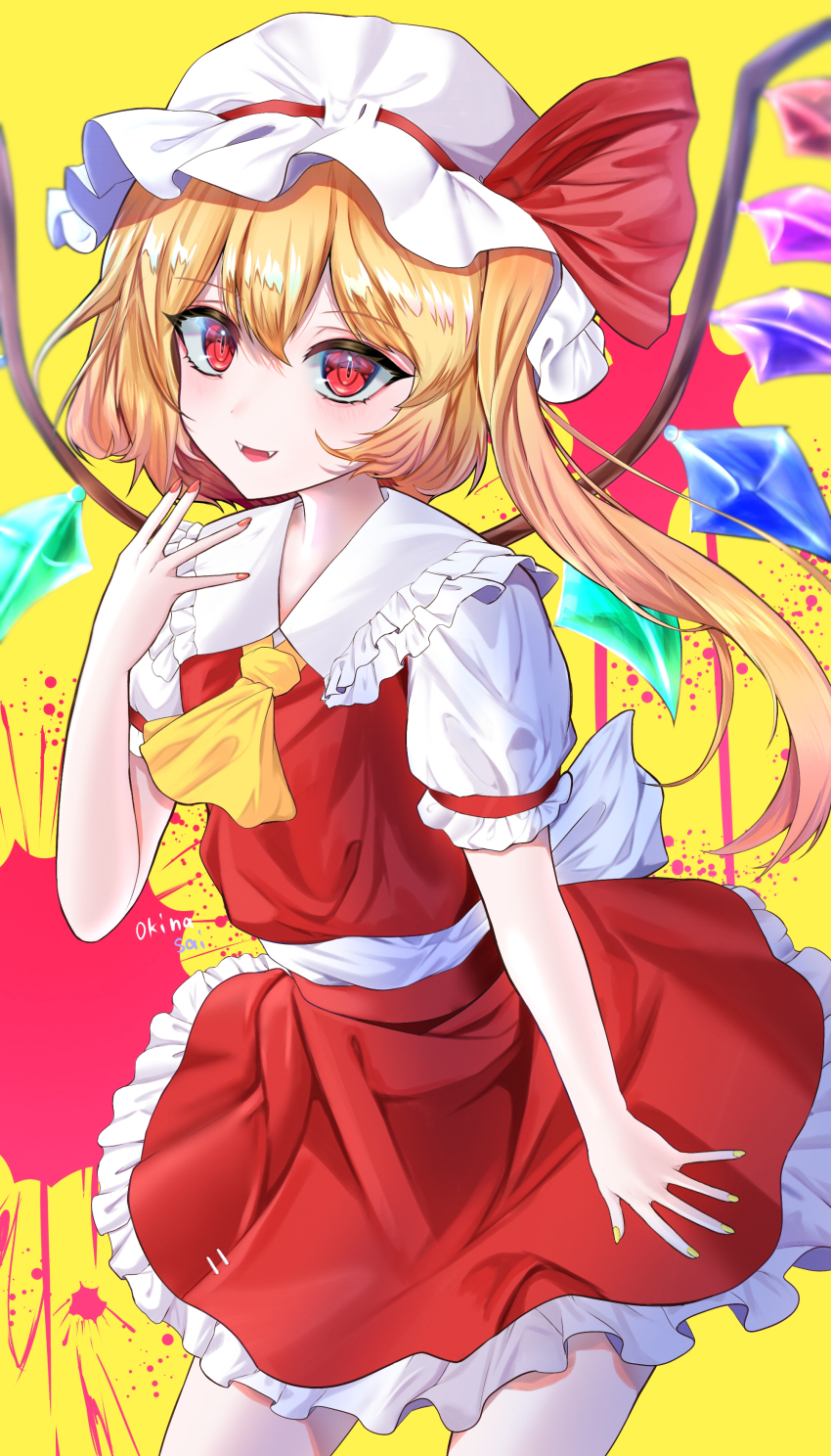 1girl :d absurdres ascot bow commentary_request contrapposto cowboy_shot crystal fangs flandre_scarlet flat_chest hair_between_eyes hand_up hat hat_bow highres light_blush long_hair looking_at_viewer mob_cap nail_polish nyarocks one_side_up open_mouth puffy_short_sleeves puffy_sleeves red_bow red_eyes red_nails red_skirt red_vest short_hair_with_long_locks short_sleeves simple_background skirt skirt_set smile solo touhou very_long_hair vest wings yellow_ascot yellow_background