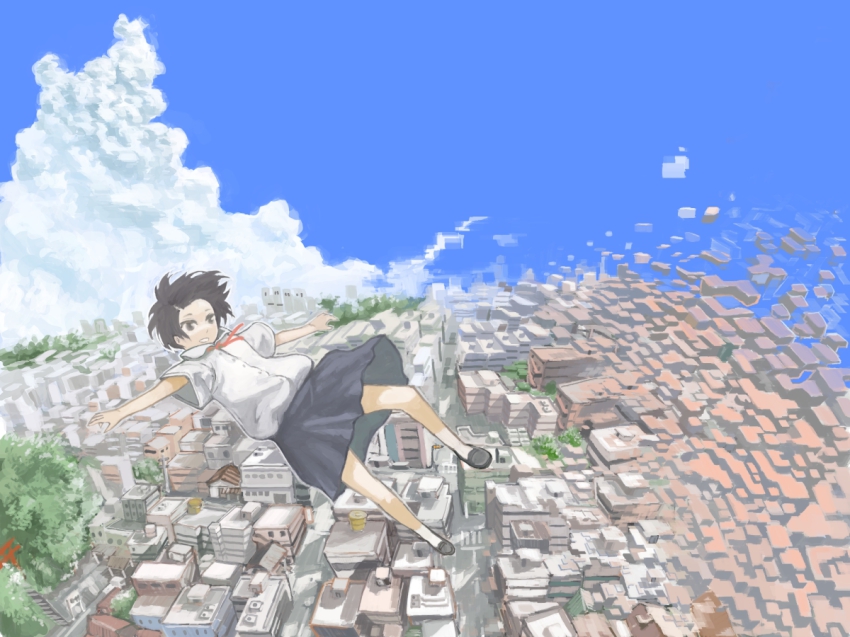 1girl bad_id bad_pixiv_id black_eyes black_hair city cloud day digital_dissolve female_focus midair mo-mo-ride original school_uniform short_hair sky solo