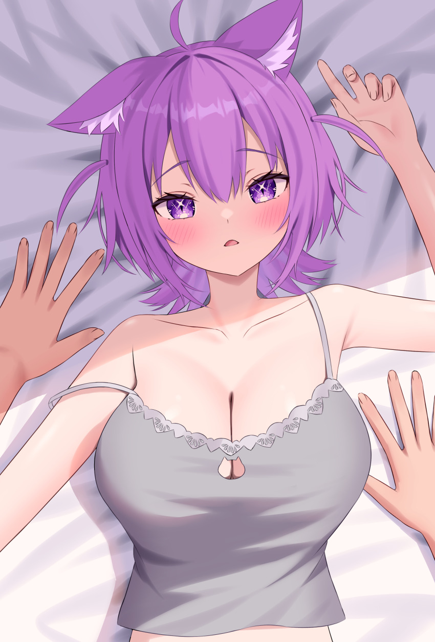 1girl absurdres ahoge animal_ear_fluff black_camisole blush breasts camisole cat_cutout closed_mouth clothing_cutout highres hololive kumoru_(kumoru_145) large_breasts medium_hair nekomata_okayu nekomata_okayu_(membership) official_alternate_costume open_mouth purple_eyes purple_hair solo two_side_up virtual_youtuber