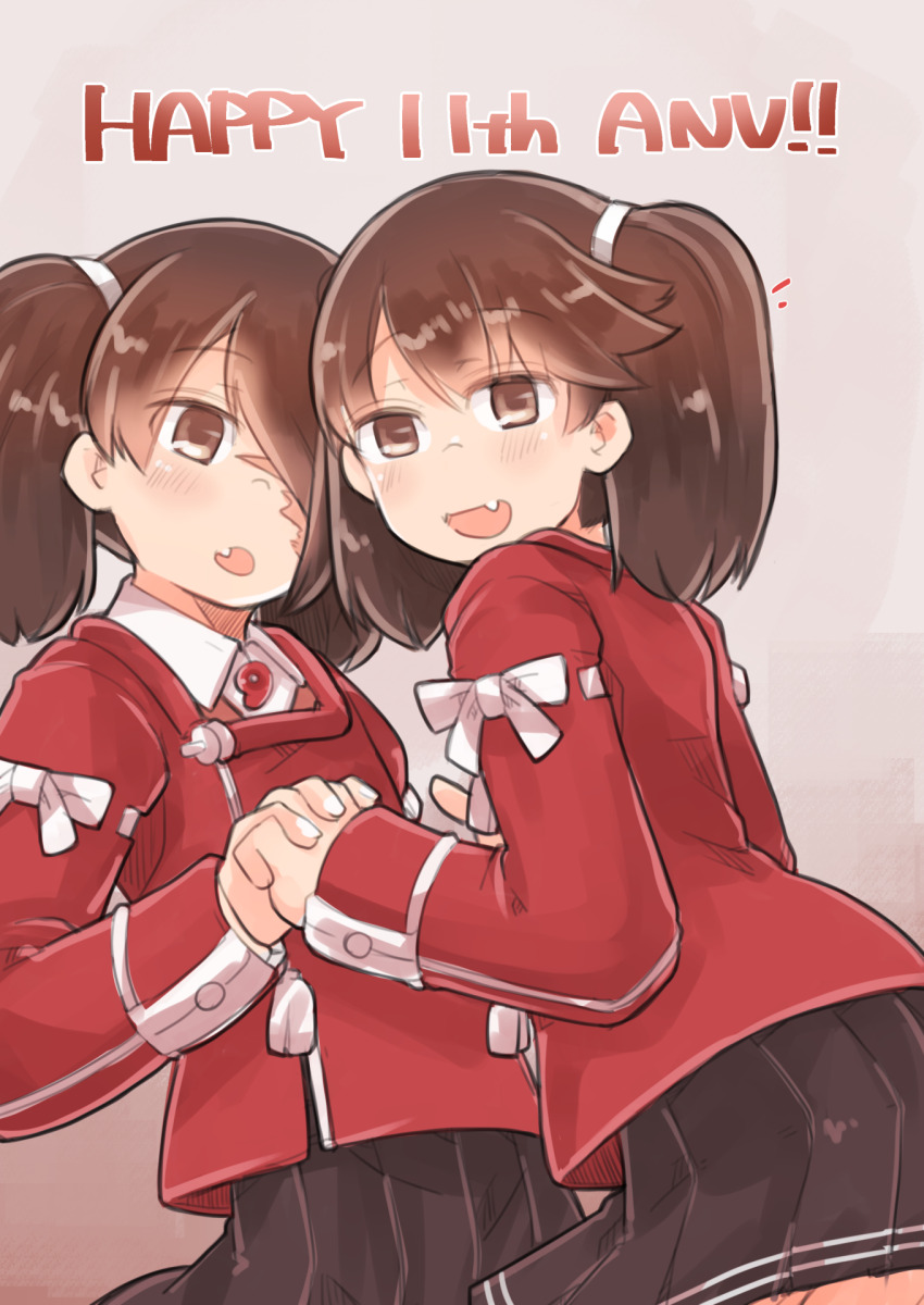 2girls anniversary black_skirt brown_eyes brown_hair commentary_request cowboy_shot dual_persona enjaku_izuku fang grey_background hair_over_one_eye highres holding_hands kantai_collection long_hair magatama multiple_girls pleated_skirt red_shirt ryuujou_(kancolle) scar shirt skin_fang skirt twintails