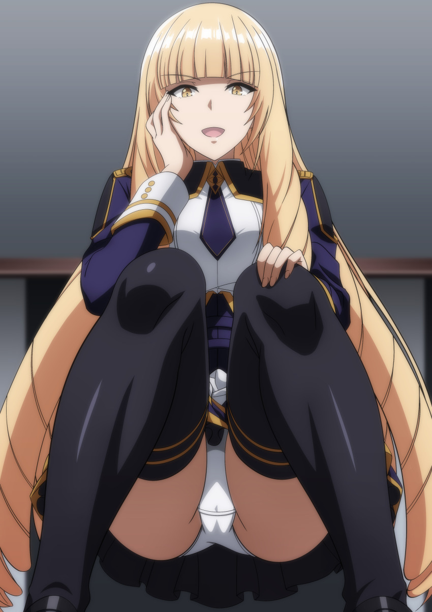 1girl black_thighhighs blonde_hair blue_corset blue_necktie blunt_bangs breasts canele corset drill_hair hand_on_own_cheek hand_on_own_face hand_on_own_knee highres kage_no_jitsuryokusha_ni_naritakute! large_breasts long_hair looking_at_viewer makiri_akira midgar_academy_school_uniform necktie open_mouth panties pantyshot rose_oriana school_uniform short_necktie sitting skirt smile solo thighhighs tongue underwear white_panties white_skirt yellow_eyes