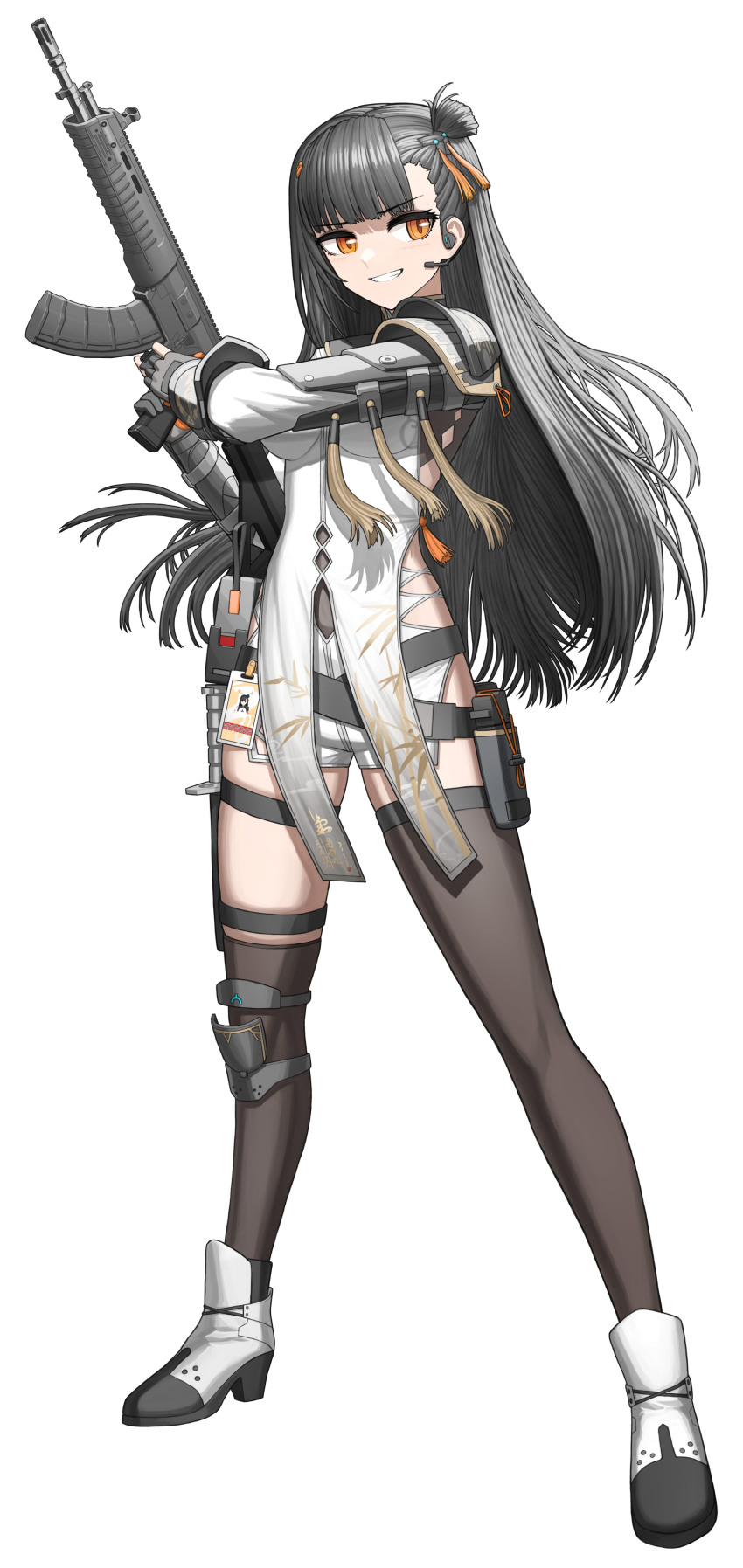 1girl absurdres arm_armor armor assault_rifle asymmetrical_legwear black_footwear black_hair black_thighhighs boots cheogtanbyeong chinese_clothes commentary_request earpiece full_body girls&#039;_frontline girls&#039;_frontline_2:_exilium gloves grey_gloves gun hair_ornament highres holding holding_gun holding_weapon id_card knife korean_commentary long_hair orange_eyes parted_lips partially_fingerless_gloves pauldrons qbz-191 qbz-191_(girls&#039;_frontline) qiongjiu_(girls&#039;_frontline_2) rifle sheath sheathed shoulder_armor simple_background single_pauldron smile solo standing teeth thighhighs two-tone_footwear uneven_legwear weapon white_background white_footwear