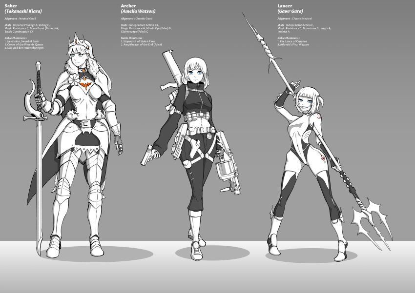 3girls absurdres armor blue_eyes breastplate cape emblem english_text fate_(series) feaurievladskov fur_trim gauntlets gawr_gura gills grenade_launcher gun handgun highres holding holding_sword holding_weapon hololive hololive_english knight leotard midriff multiple_girls pauldrons plate_armor polearm shoulder_armor sword takanashi_kiara tattoo trident virtual_youtuber watson_amelia weapon