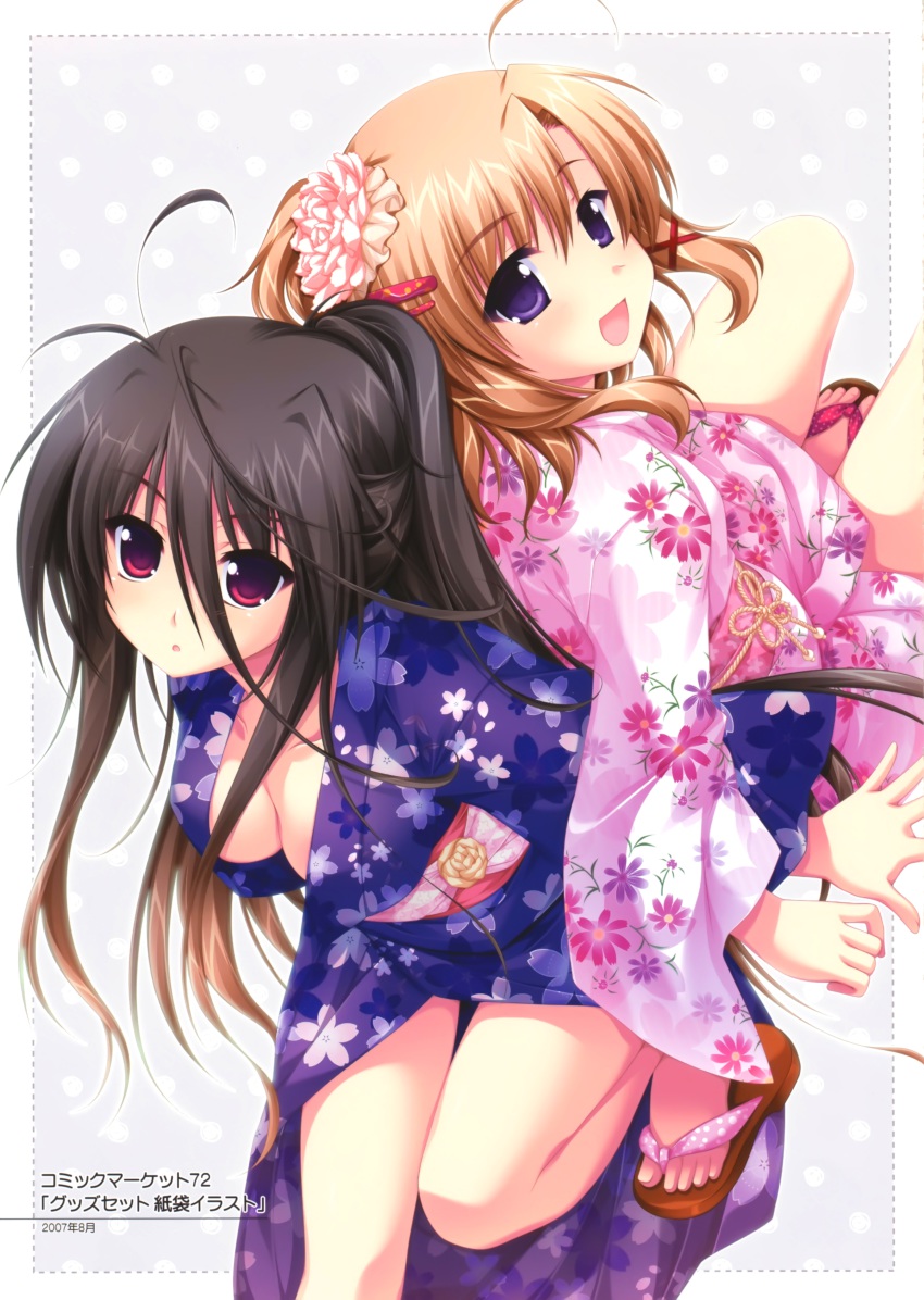 2girls :d :o absurdres ahoge alpha_(yukai_na_nakamatachi) back-to-back black_hair blush breasts brown_hair cleavage g-senjou_no_maou highres japanese_clothes kimono multiple_girls no_socks open_mouth ponytail purple_eyes red_eyes sandals sidelocks smile usami_haru yukata