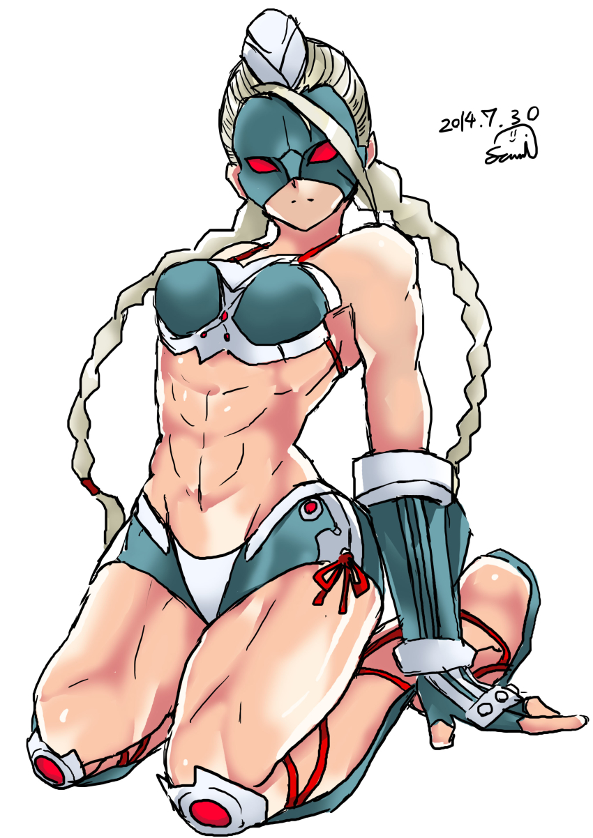 1girl abs absurdres ahoge alternate_costume armor bikini bikini_top_only braid decapre elbow_gloves female_focus fingerless_gloves garrison_cap gloves greaves hat highres huge_ahoge kneeling long_hair mask red_eyes samidare_satsuki short_shorts shorts silver_hair solo street_fighter street_fighter_iv_(series) swimsuit thick_thighs thighs toned toned_female twin_braids