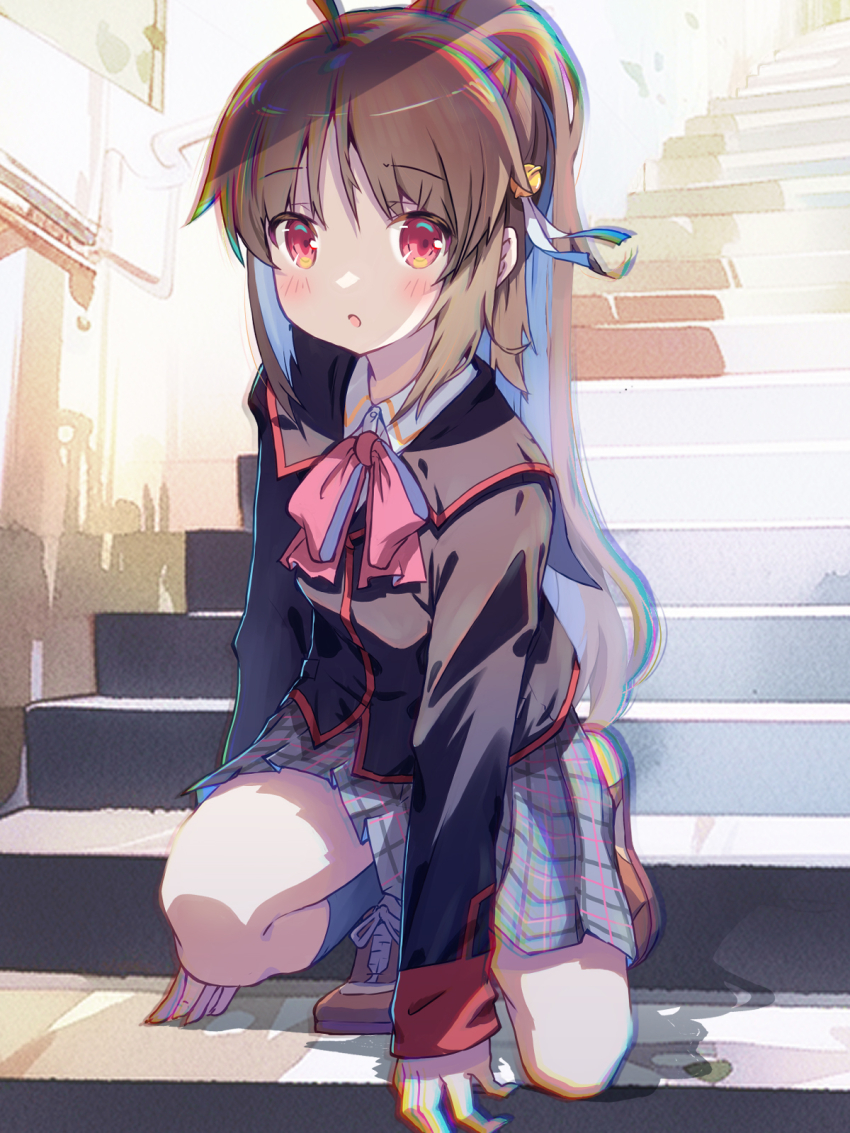 1girl ahoge akayama_yukihe bell black_jacket black_socks blush bow brown_footwear brown_hair collared_shirt commentary_request eyes_visible_through_hair full_body grey_skirt hair_bell hair_ornament hair_ribbon highres jacket jingle_bell kneehighs kneeling little_busters! little_busters!_school_uniform long_hair looking_at_viewer miniskirt natsume_rin photo_background pink_bow plaid_clothes plaid_skirt pleated_skirt ponytail red_eyes ribbon school_uniform shirt shoes sidelocks skirt sleeves_past_wrists sneakers socks solo stairs tareme very_long_hair white_ribbon white_shirt