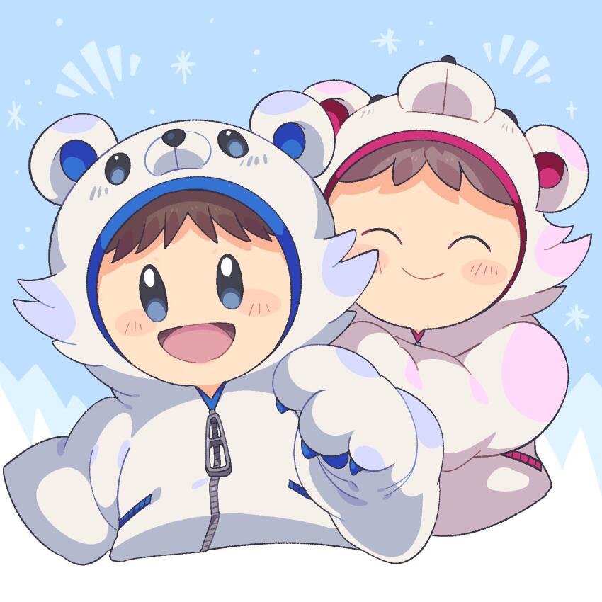 1boy 1girl animal_costume bear_costume blue_eyes blush_stickers bright_pupils brown_hair closed_mouth cropped_torso happy happy_aura highres ice_climber looking_at_viewer nana_(ice_climber) nintendo no_nose popo_(ice_climber) short_hair smile sparkle white_pupils yasaikakiage zipper_pull_tab