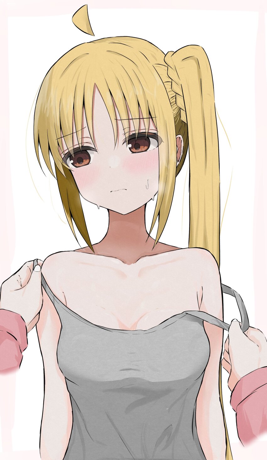 2girls absurdres ahoge armpit_crease averting_eyes blonde_hair blush bocchi_the_rock! breasts brown_eyes camisole cleavage collarbone commentary detached_ahoge embarrassed gotoh_hitori grey_camisole highres ijichi_nijika long_hair looking_to_the_side multiple_girls norashiro parted_bangs pov pov_hands side_ponytail sidelocks simple_background sleeveless solo_focus spaghetti_strap steam sweatdrop undressing_another very_long_hair white_background yuri