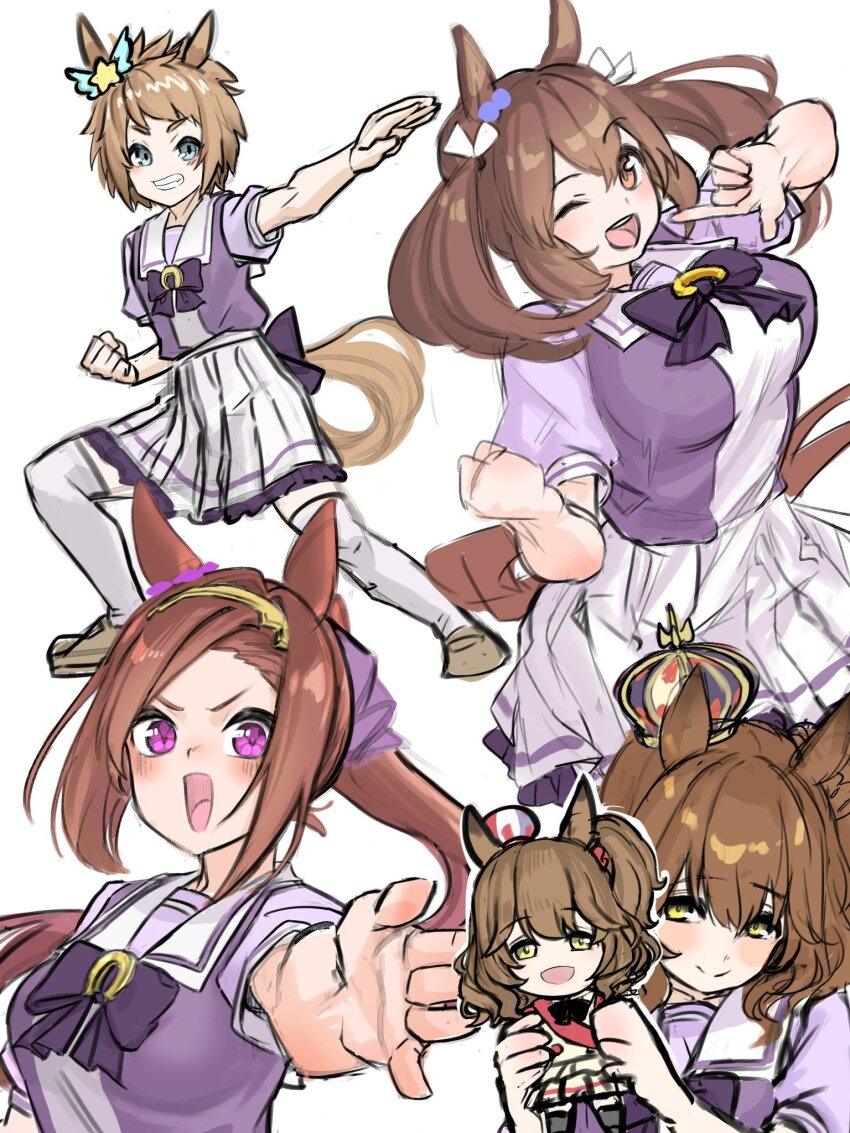 4girls animal_ears aqua_eyes aston_machan_(umamusume) biko_pegasus_(umamusume) blush bow bowtie breasts brown_eyes brown_hair character_doll clenched_hand closed_mouth crown doll ear_ornament flat_chest friend_a1012 grin highres hishi_akebono_(umamusume) holding holding_doll horse_ears horse_girl horse_tail large_breasts long_hair looking_at_viewer multiple_girls multiple_views open_mouth outstretched_arm pointing pointing_at_self purple_shirt reaching reaching_towards_viewer sailor_collar sakura_bakushin_o_(umamusume) school_uniform shirt shoes short_hair sketch skirt small_breasts smile tail thighhighs tracen_school_uniform twintails umamusume v-shaped_eyebrows white_background white_skirt white_thighhighs