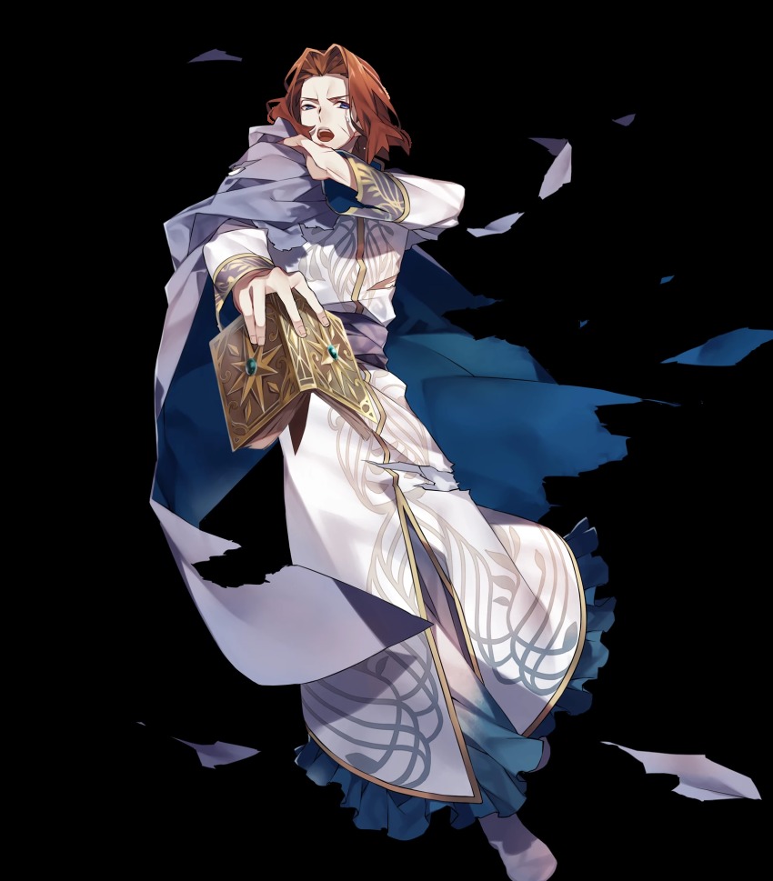 1boy blue_cape blue_eyes book cape collar cuts fire_emblem fire_emblem:_thracia_776 fire_emblem_heroes full_body highres holding holding_book injury lips long_sleeves male_focus nintendo official_art open_mouth red_hair robe saias_(fire_emblem) serious short_hair solo sweatdrop teeth teita_(88_taho) torn_cape torn_clothes torn_robe transparent_background white_footwear white_robe