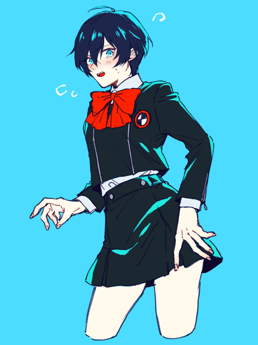 1boy aigis_(persona) aigis_(persona)_(cosplay) androgynous aqua_background aqua_eyes blue_hair blush bow bowtie collared_shirt cosplay cropped_legs crossdressing gekkoukan_high_school_uniform hair_between_eyes high-waist_skirt highres long_sleeves looking_at_viewer male_focus miniskirt open_mouth pantyhose persona persona_3 red_bow red_bowtie sayoito_sub school_uniform shirt short_hair simple_background skirt solo white_pantyhose white_shirt yuuki_makoto_(persona_3)