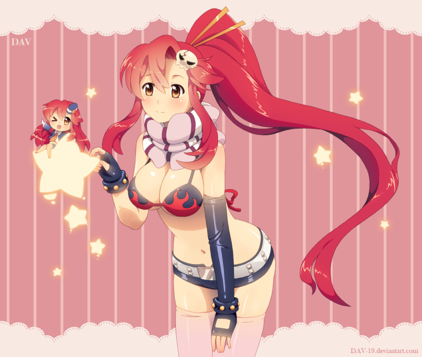 00s 1girl bikini bikini_top_only breasts chibi cleavage dav-19 dual_persona fingerless_gloves garrison_cap gloves hair_ornament hat long_hair navel necktie one_eye_closed pieces_of_sweet_stars ponytail red_hair scarf short_shorts shorts smile star_(symbol) swimsuit tengen_toppa_gurren_lagann thighhighs wink yellow_eyes yoko_littner