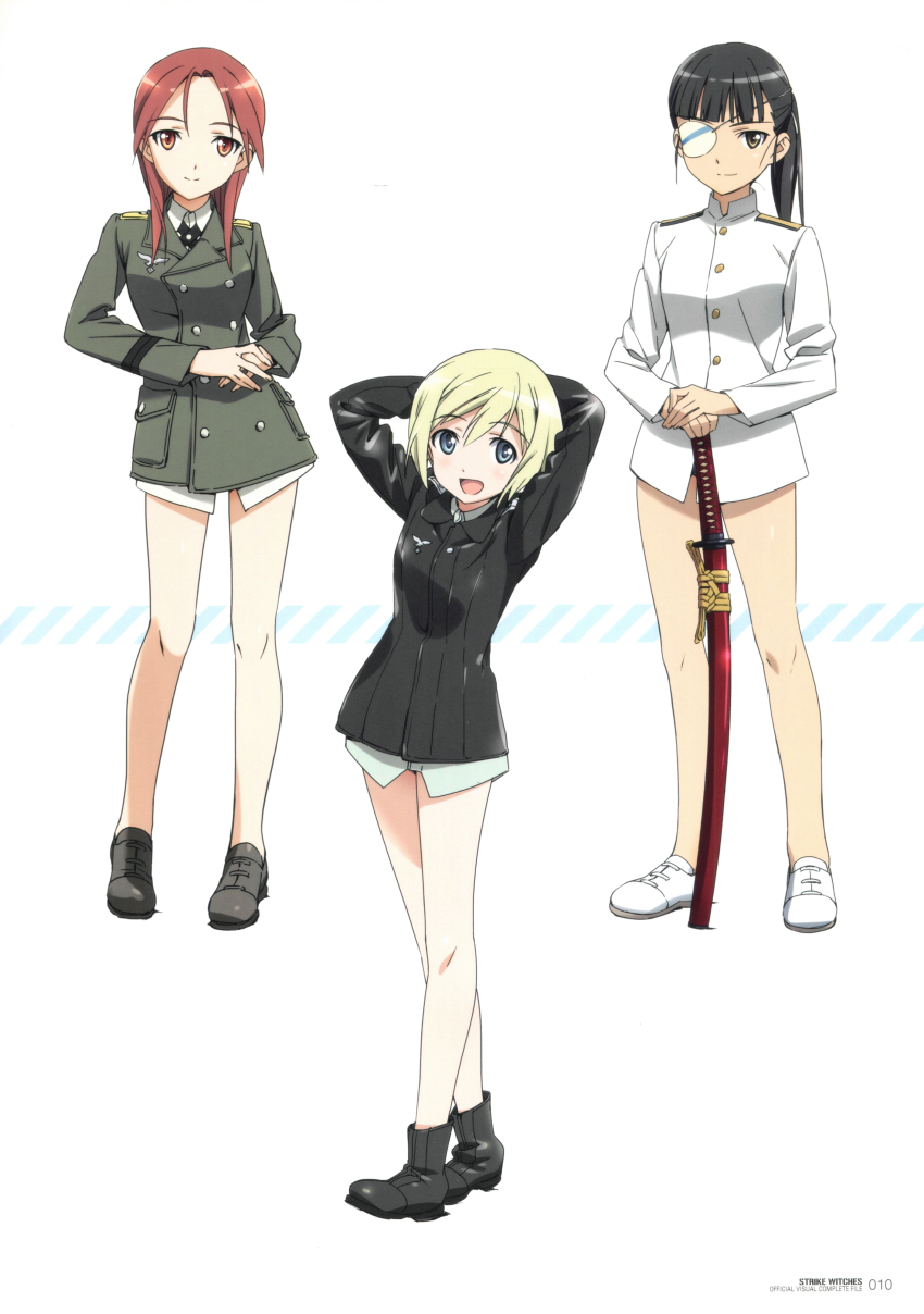 3girls absurdres arms_behind_head black_hair blonde_hair blue_eyes blush breasts brown_eyes dress erica_hartmann eyepatch full_body highres long_hair looking_at_viewer military_uniform minna-dietlinde_wilcke multiple_girls official_art open_mouth ponytail red_eyes red_hair sailor_dress sakamoto_mio short_hair simple_background small_breasts smile strike_witches sword weapon white_background world_witches_series