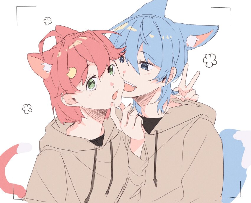 2girls ahoge alternate_costume animal_ears blue_eyes blue_hair brown_hoodie cat_ears cat_girl cat_tail dog_ears dog_girl dog_tail face-to-face green_eyes highres hololive hood hoodie hoshimachi_suisei looking_at_another looking_at_viewer medium_hair multiple_girls open_mouth sakgi sakura_miko short_hair simple_background smile star_(symbol) star_in_eye symbol_in_eye tail v viewfinder virtual_youtuber white_background wolf_cut yuri