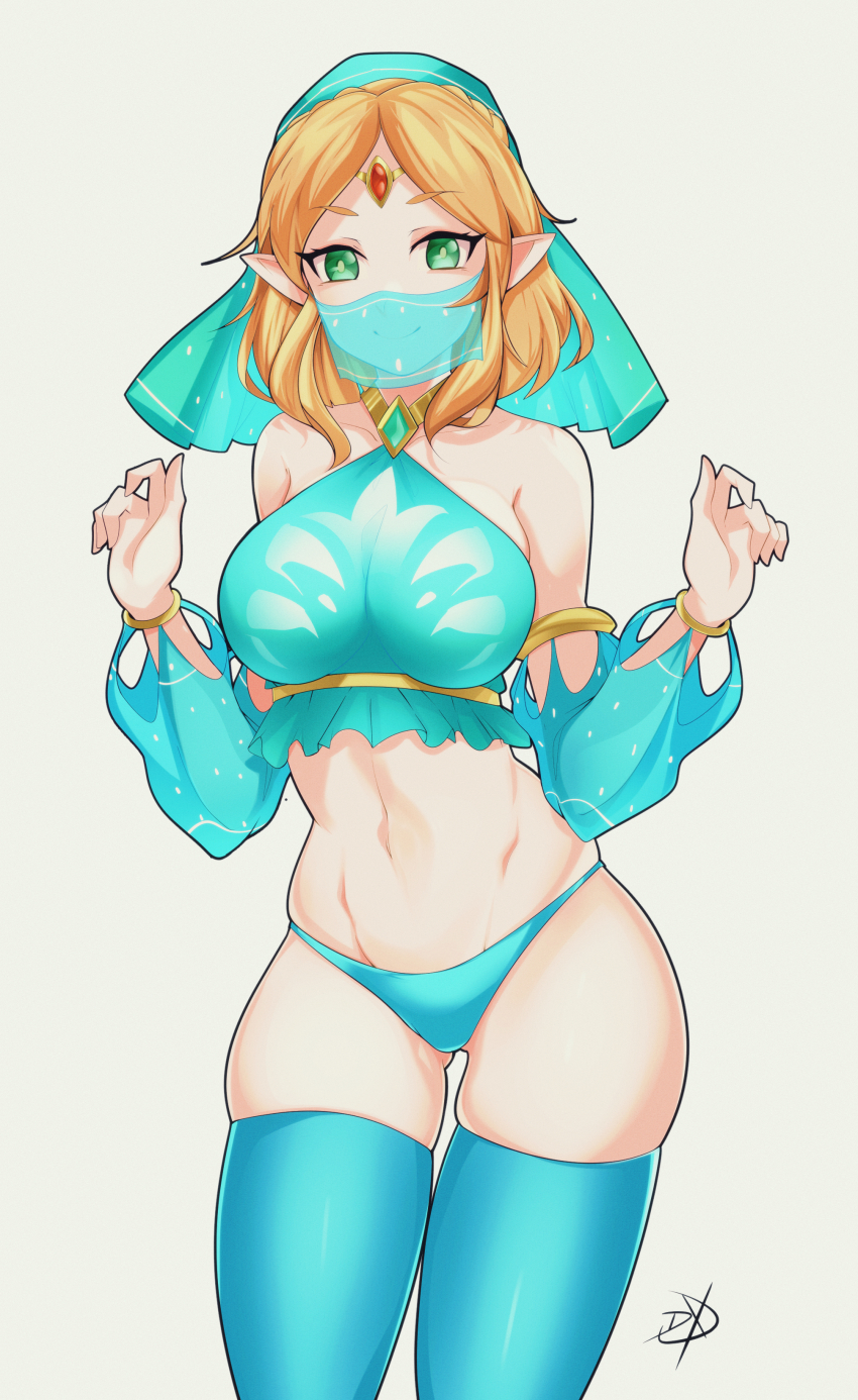 1girl absurdres alternate_costume aqua_panties aqua_shirt aqua_sleeves aqua_thighhighs aqua_veil bare_shoulders blonde_hair breasts brown_background circlet closed_mouth cowboy_shot crop_top delux_drawings detached_sleeves gem green_eyes green_gemstone harem_outfit highres large_breasts looking_at_viewer medium_hair mouth_veil navel nintendo panties parted_bangs pointy_ears princess_zelda red_gemstone shirt signature simple_background skindentation smile solo standing stomach the_legend_of_zelda the_legend_of_zelda:_tears_of_the_kingdom thighhighs underwear veil w_arms