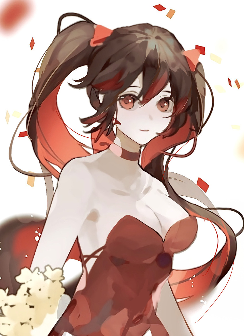 1girl alternate_costume bare_arms bare_shoulders blurry blurry_background bouquet breasts brown_hair chinese_commentary choker cleavage colored_inner_hair colored_tips commentary confetti dress eoo_eewei flower hair_between_eyes highres long_hair looking_at_viewer lucia_(pgr) medium_breasts multicolored_hair punishing:_gray_raven red_choker red_dress red_eyes red_hair solo strapless strapless_dress streaked_hair twintails upper_body yellow_flower