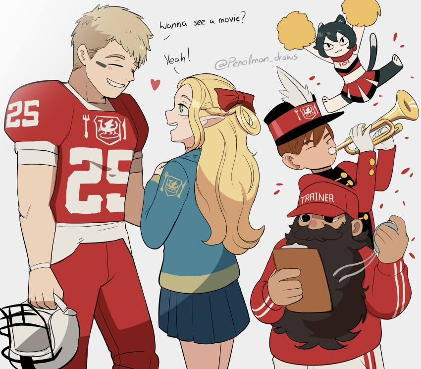 2girls 3boys absurdres alternate_universe american_football american_football_helmet american_football_uniform animal_ears beard cat_ears cat_girl cat_tail cheering cheerleader chilchuck_tims coach dungeon_meshi dwarf elf english_text facial_hair helmet highres holding holding_pom_poms instrument izutsumi laios_touden marcille_donato multiple_boys multiple_girls pencilman_draws pointy_ears pom_pom_(cheerleading) pom_poms senshi_(dungeon_meshi) sportswear tail trumpet uniform