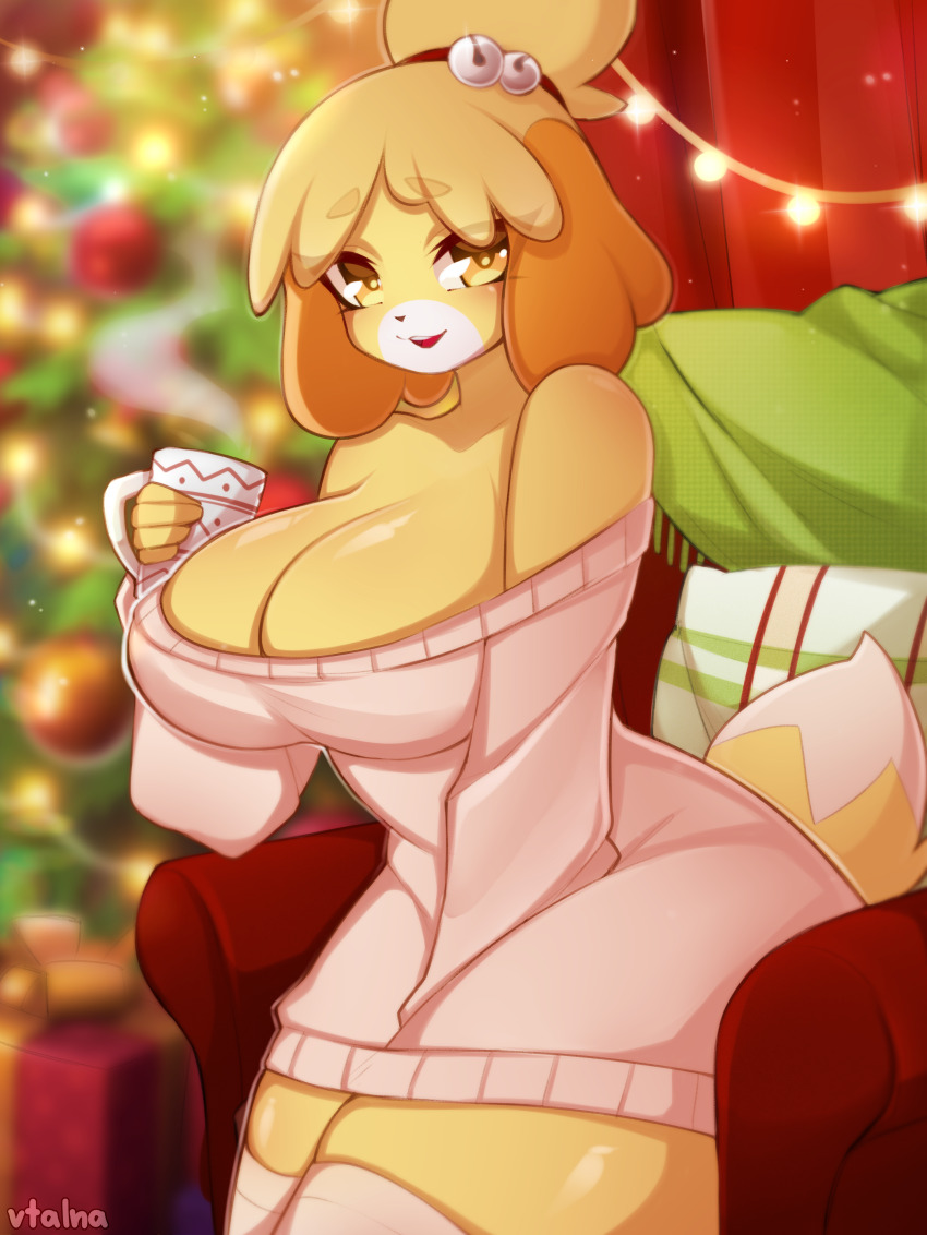 1girl absurdres animal_crossing animal_nose armchair artist_name bare_shoulders bell between_legs blonde_hair blurry blurry_background breasts chair christmas christmas_lights christmas_tree cleavage cup dog_girl dog_tail from_side furry furry_female hair_bell hair_ornament hand_between_legs hand_up highres holding holding_cup isabelle_(animal_crossing) large_breasts legs_together long_sleeves looking_at_viewer medium_hair nintendo off-shoulder_sweater off_shoulder personification pink_sweater pink_theme sitting smile solo sweater tail teeth thick_thighs thighhighs thighs three_quarter_view topknot upper_teeth_only vtalna yellow_eyes yellow_fur zettai_ryouiki