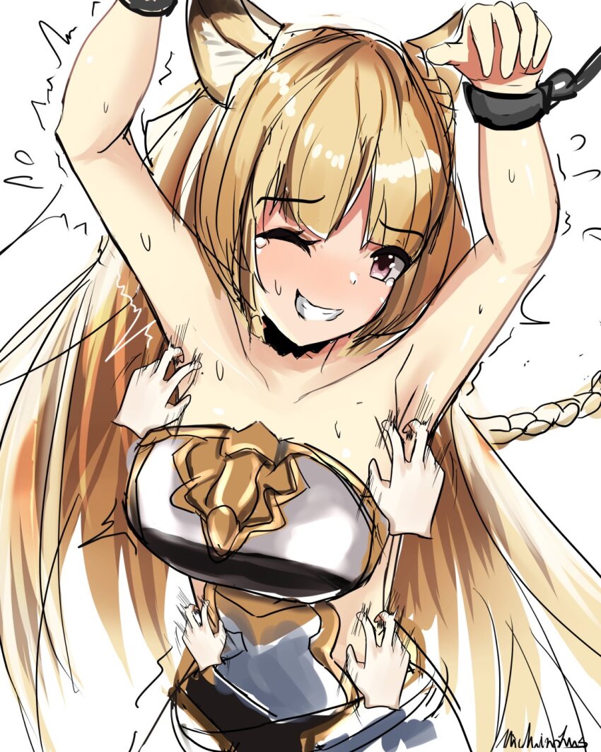 animal_ears armor arms_up blonde_hair braid breastplate cuffs erune granblue_fantasy highres laughing long_hair michinoku_(michino934) pink_eyes shackles signature tickling tickling_armpits tickling_sides yuisis_(granblue_fantasy)